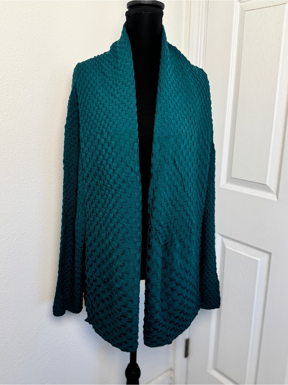 Lafayette 148 New York 2X Teal Super 120s Wool Open Front Textured Cardigan - Picture 2 of 6